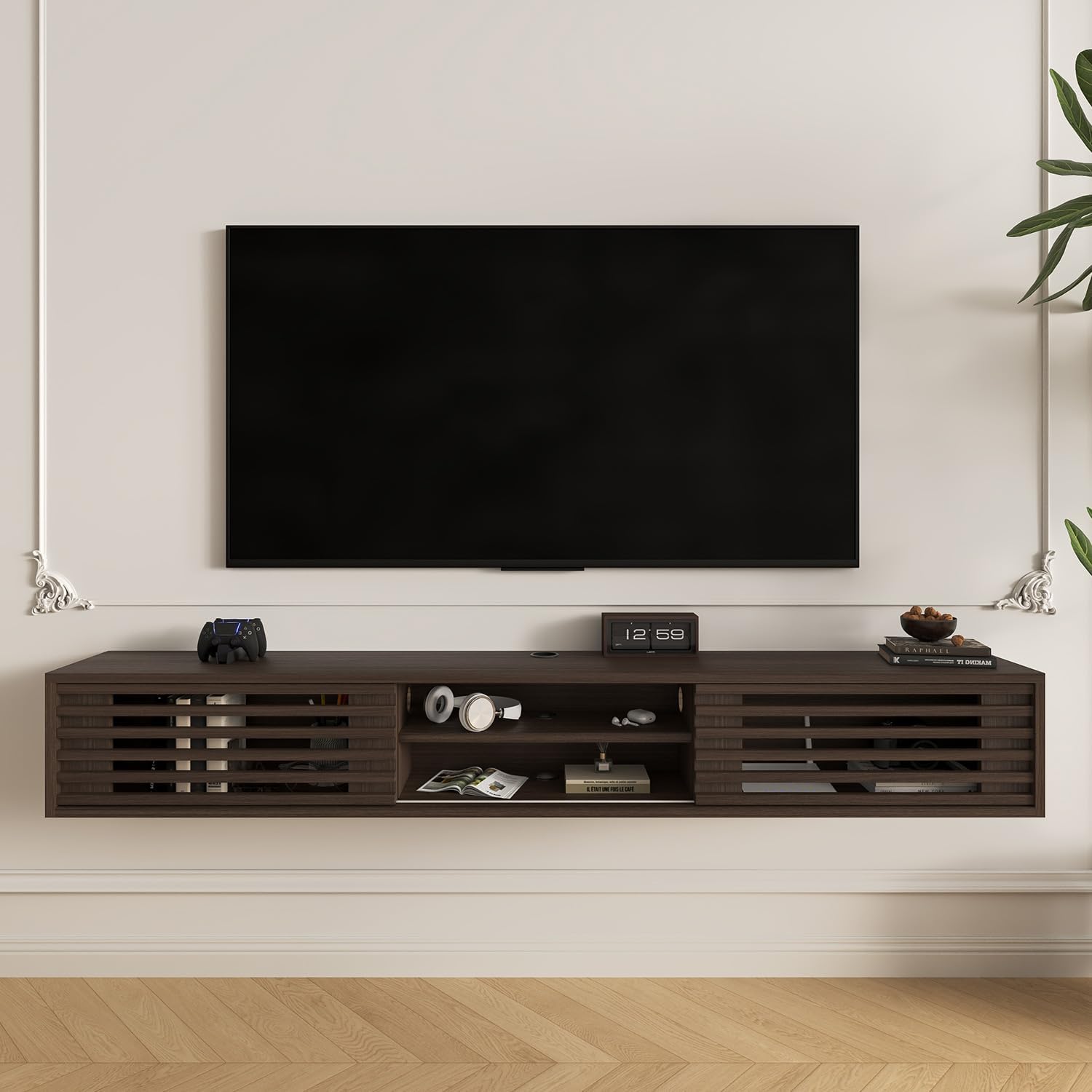 Walnut Floating TV Storage Console Stand