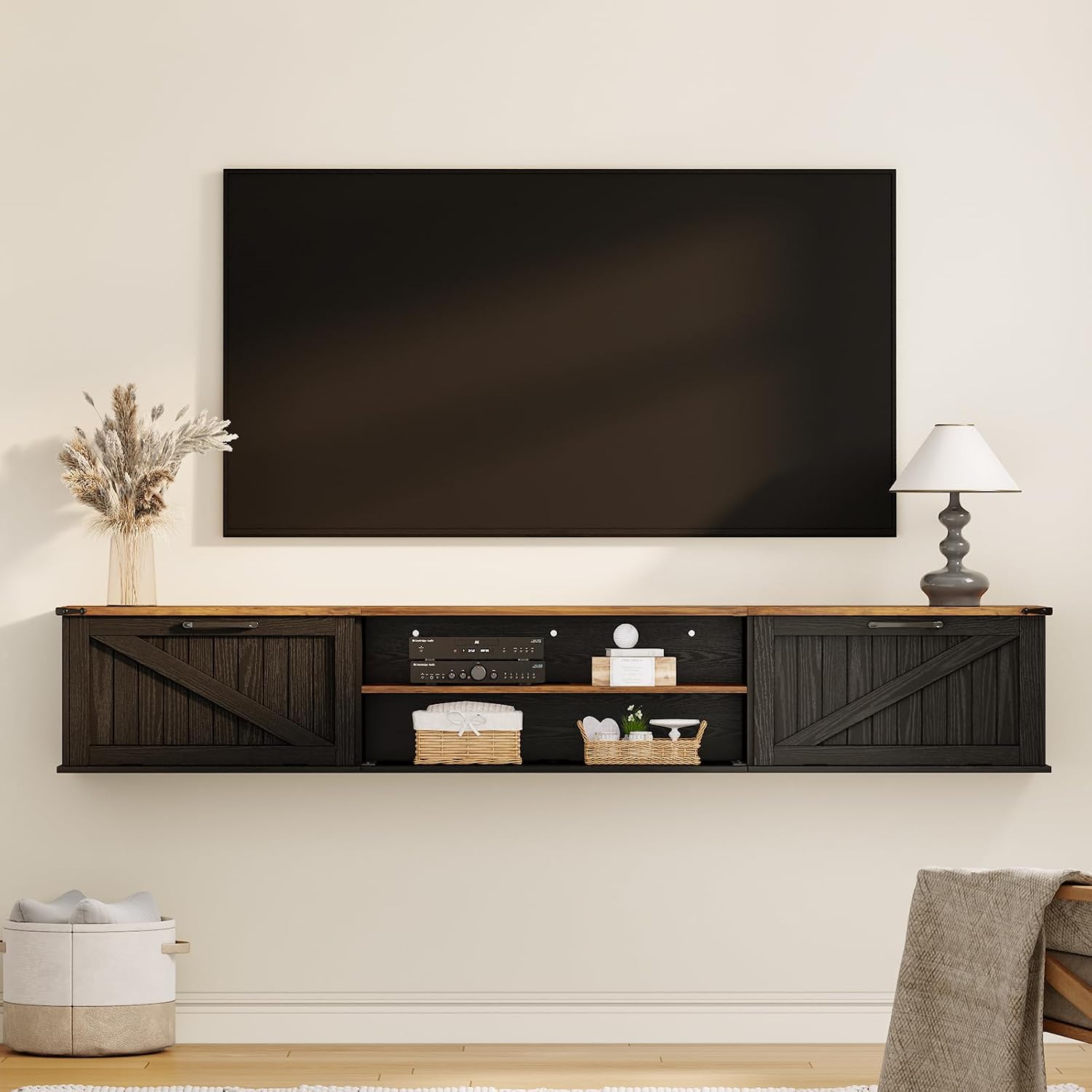 Farmhouse Floating TV Stand With Storage Doors
