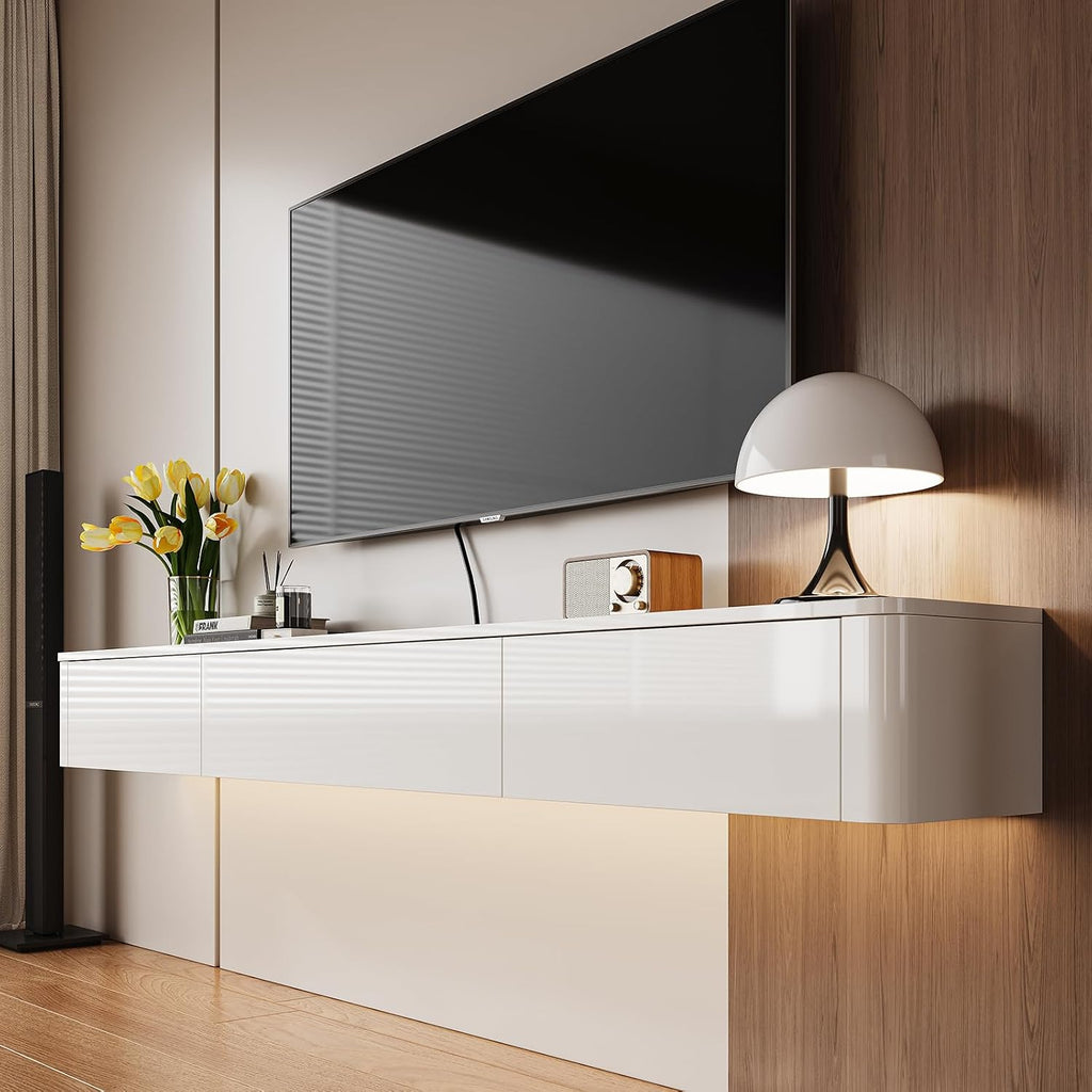 White Floating TV Stand With Storage Drawers