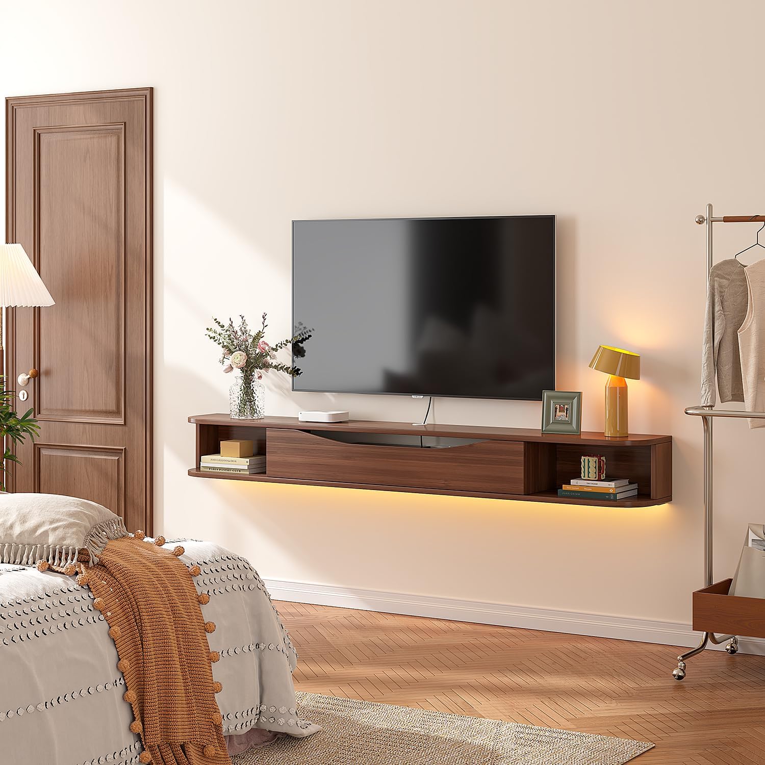 Walnut Wall‑Mounted Floating TV Console Stand