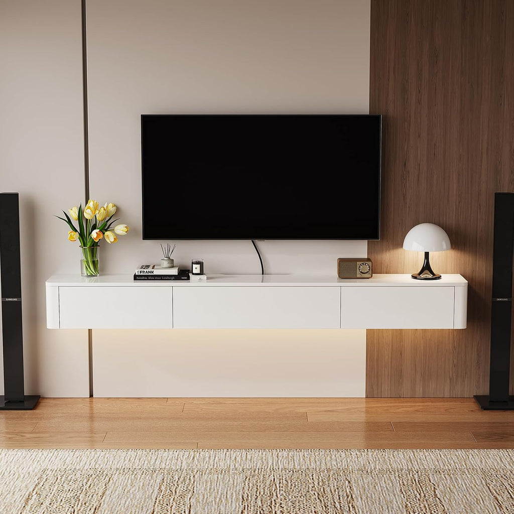 White Floating TV Stand With Storage Drawers