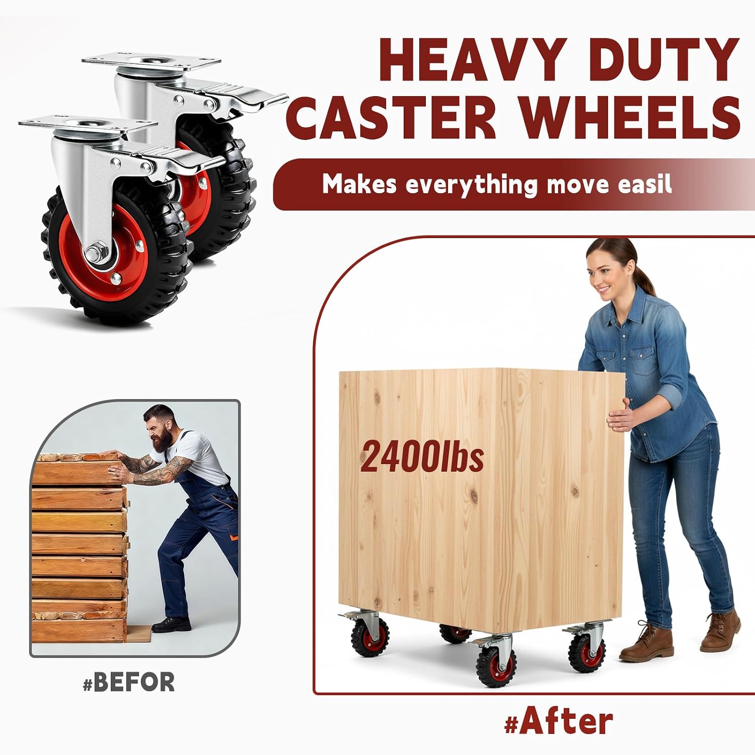 Heavy‑Duty Rubber Swivel Caster Wheels Set