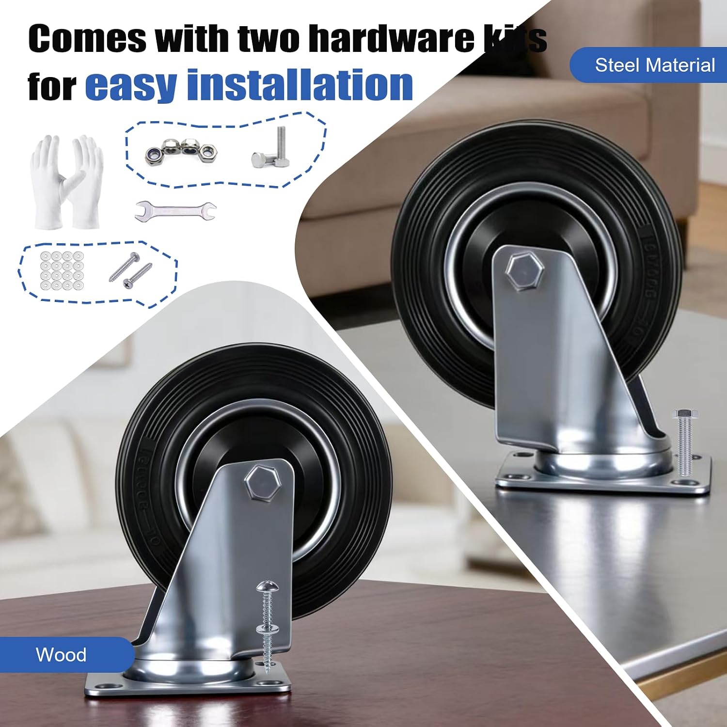 Heavy‑Duty Rubber Swivel Caster Wheels Set