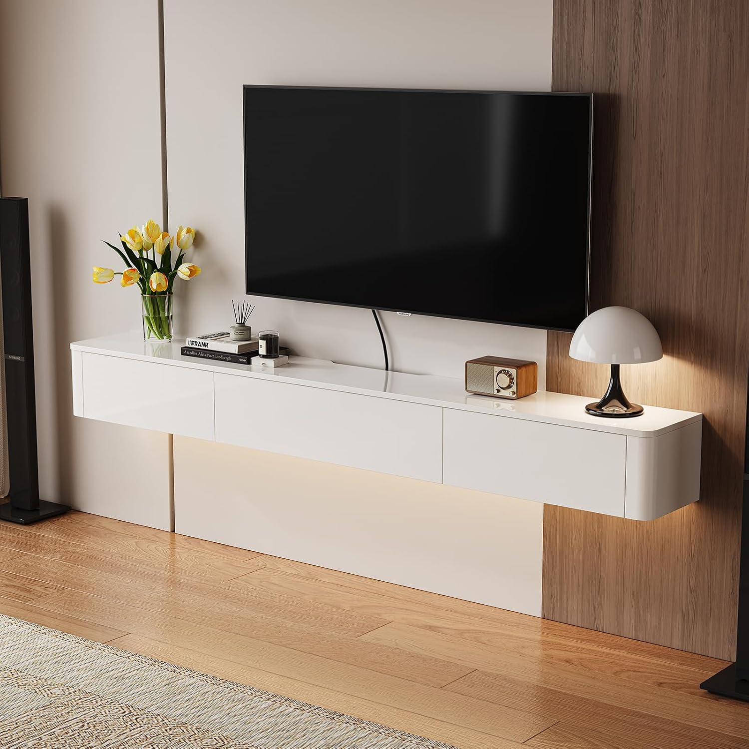White Floating TV Stand With Storage Drawers