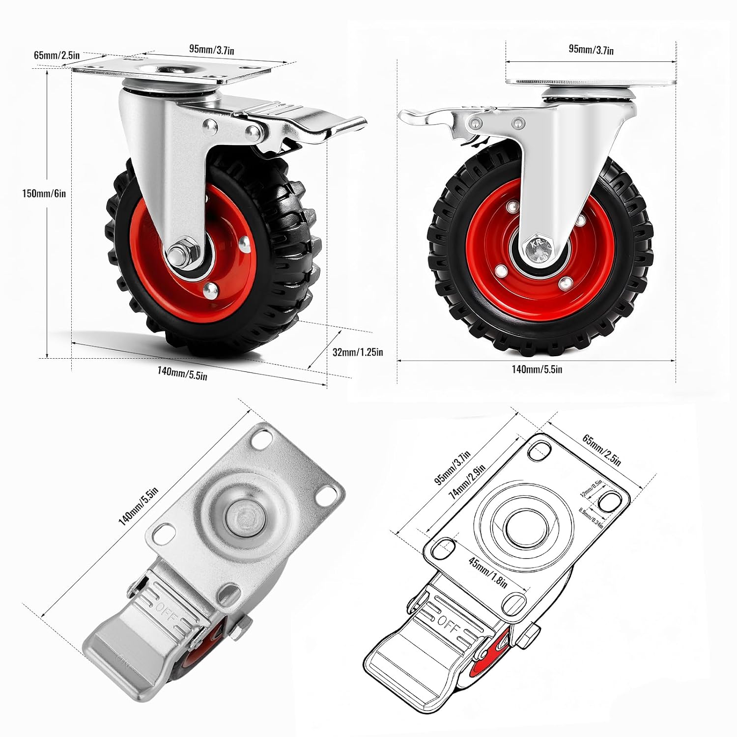 Heavy‑Duty Rubber Swivel Caster Wheels Set