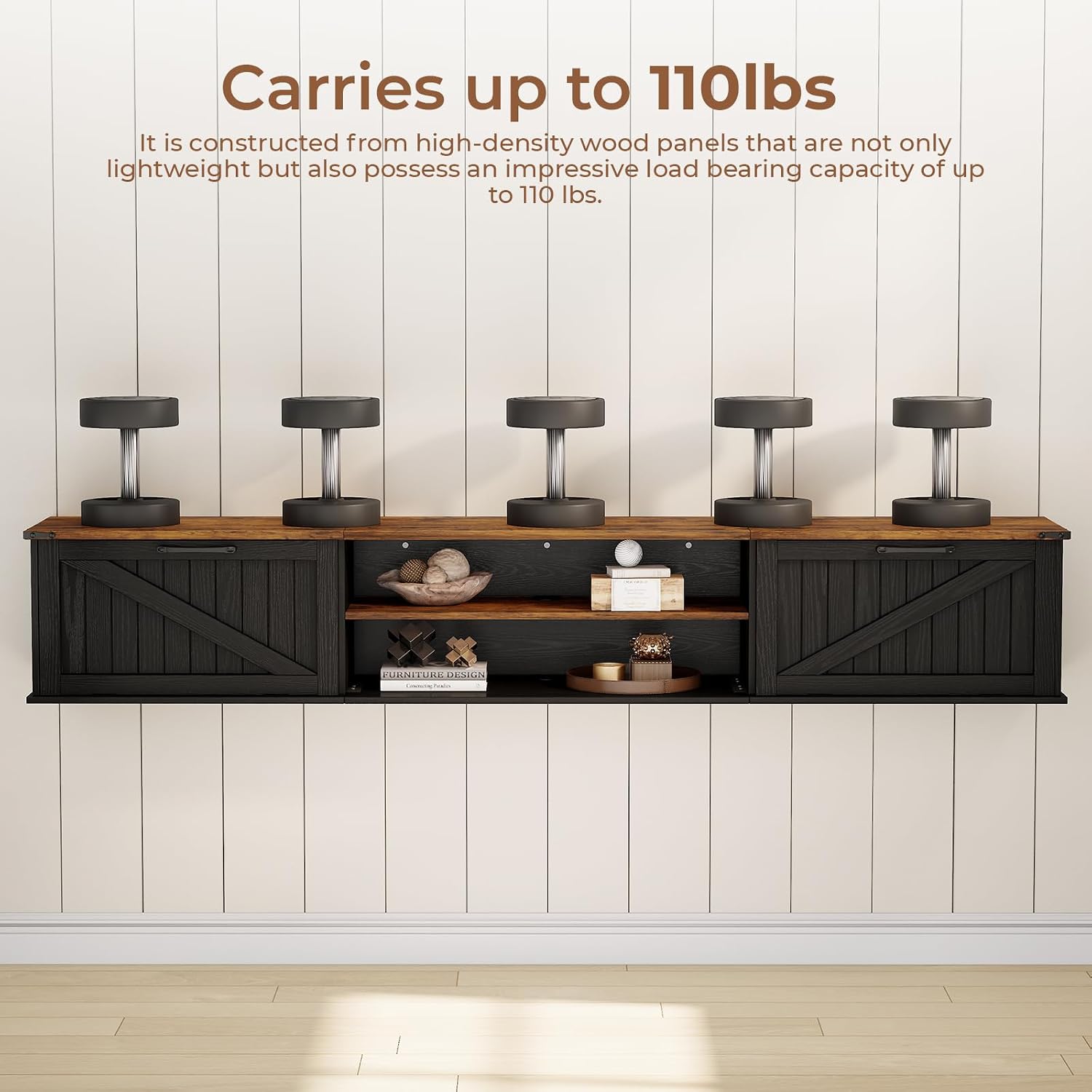 Farmhouse Floating TV Stand With Storage Doors