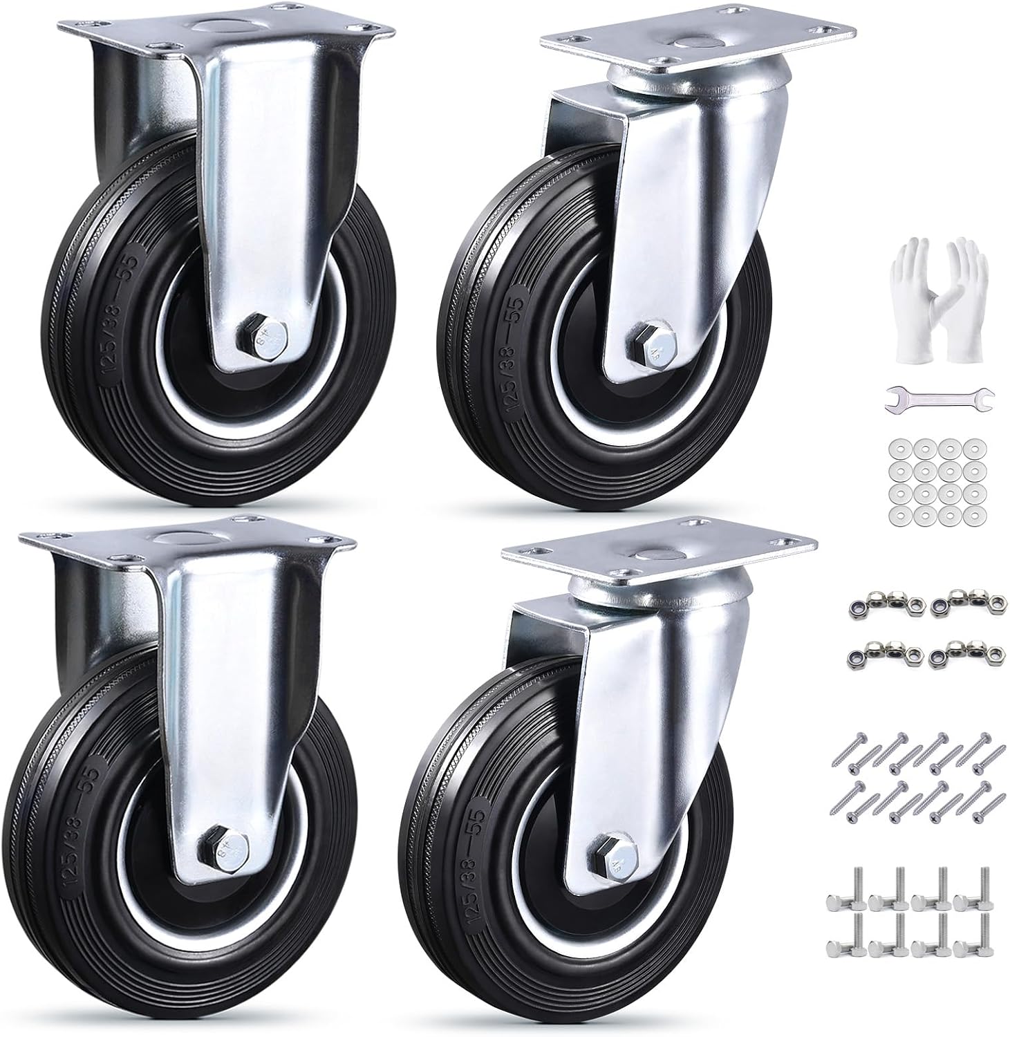 Heavy‑Duty Rubber Swivel Caster Wheels Set