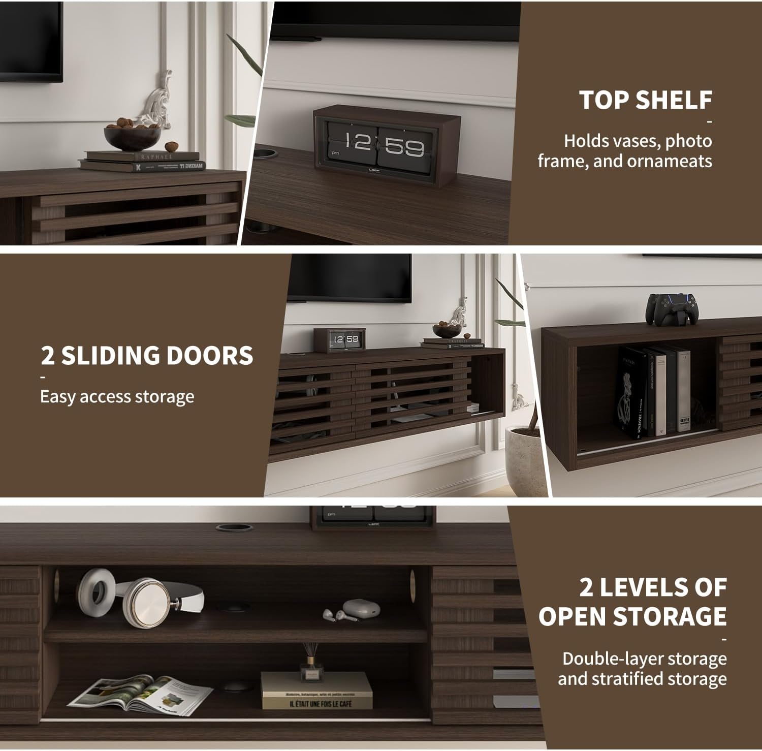 Walnut Floating TV Storage Console Stand
