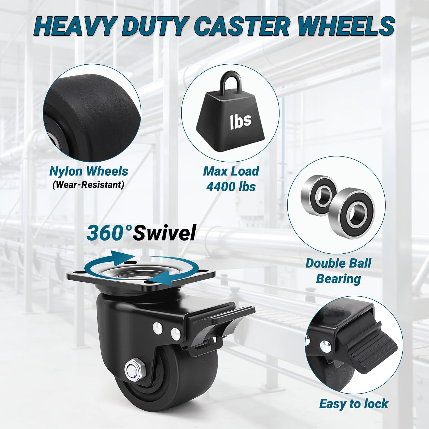 Industrial Low‑Profile Swivel Caster Wheels With Brake