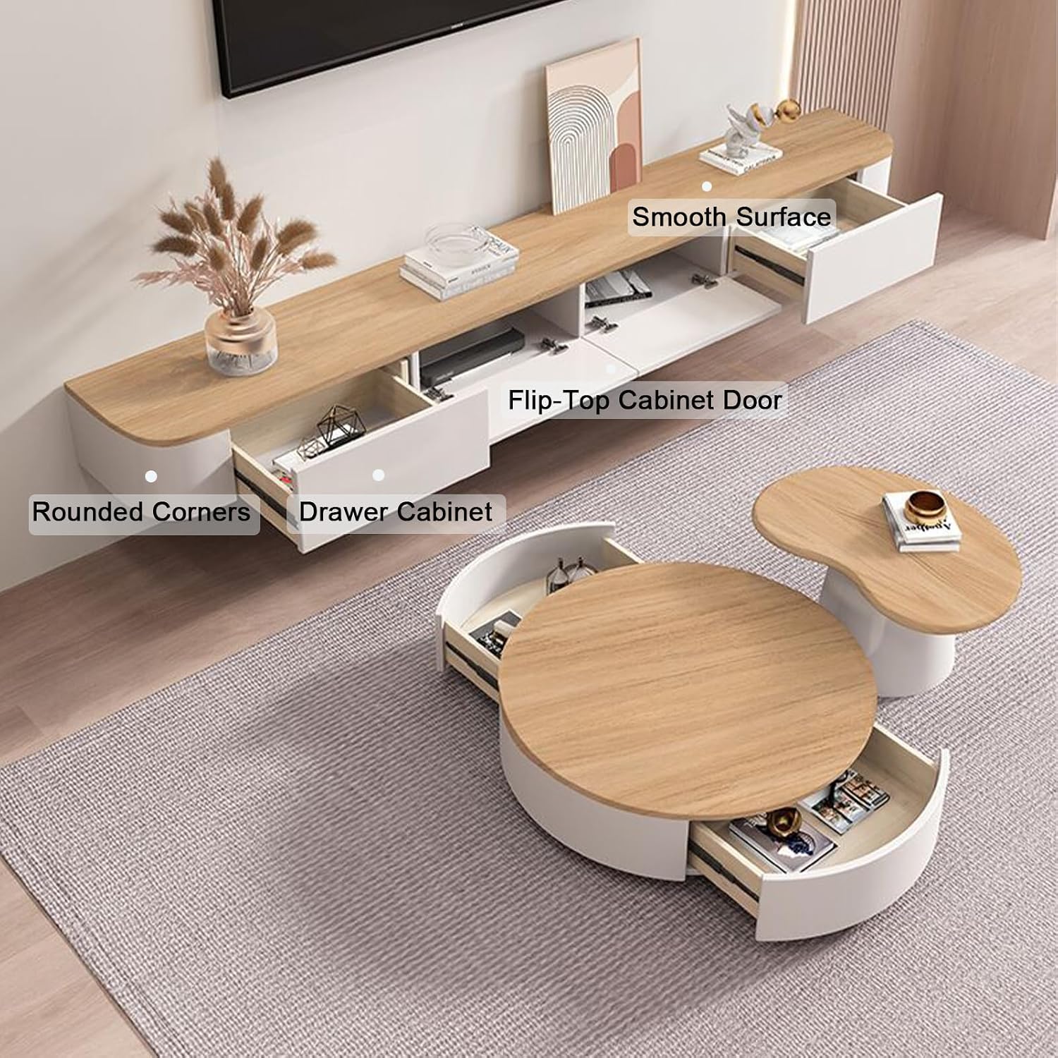 Wall‑Mounted Floating TV Stand With Rounded Corners