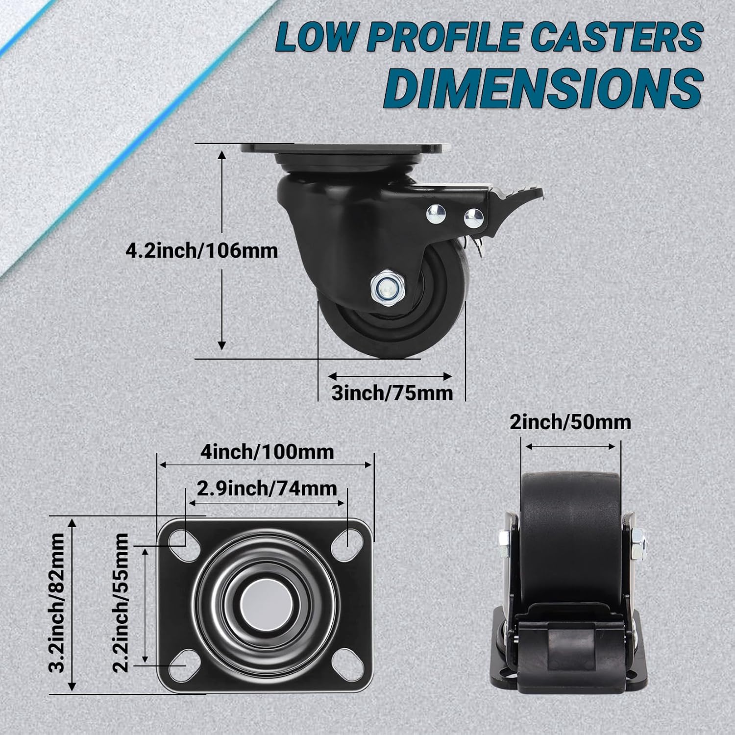 Industrial Low‑Profile Swivel Caster Wheels With Brake