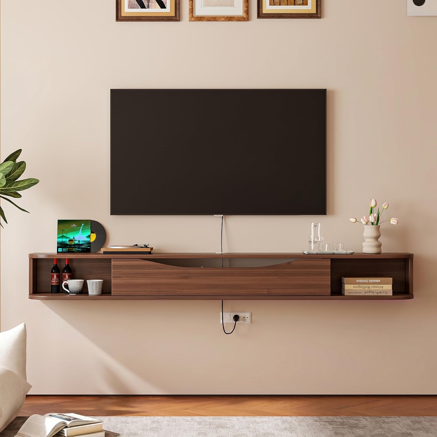 Walnut Wall‑Mounted Floating TV Console Stand