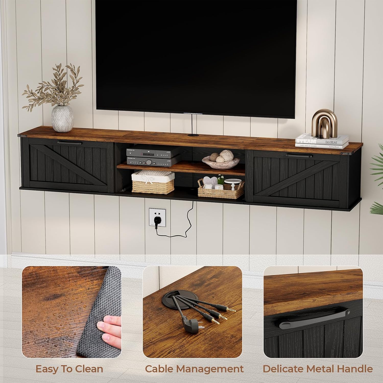 Farmhouse Floating TV Stand With Storage Doors