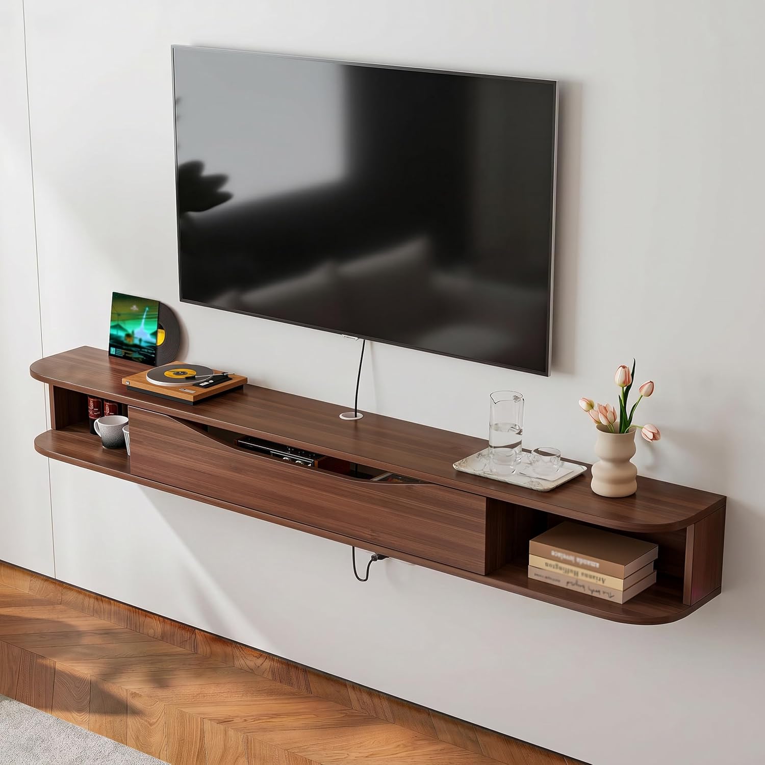 Walnut Wall‑Mounted Floating TV Console Stand