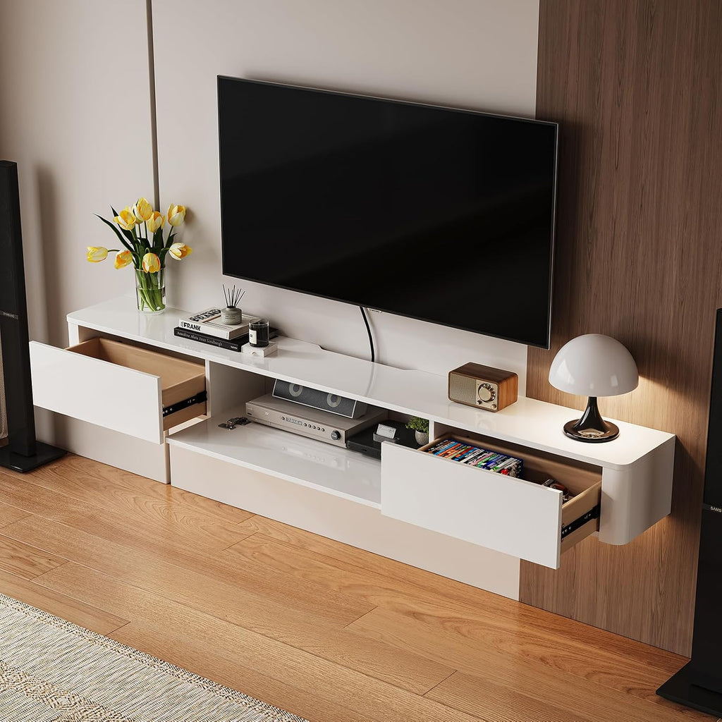 White Floating TV Stand With Storage Drawers
