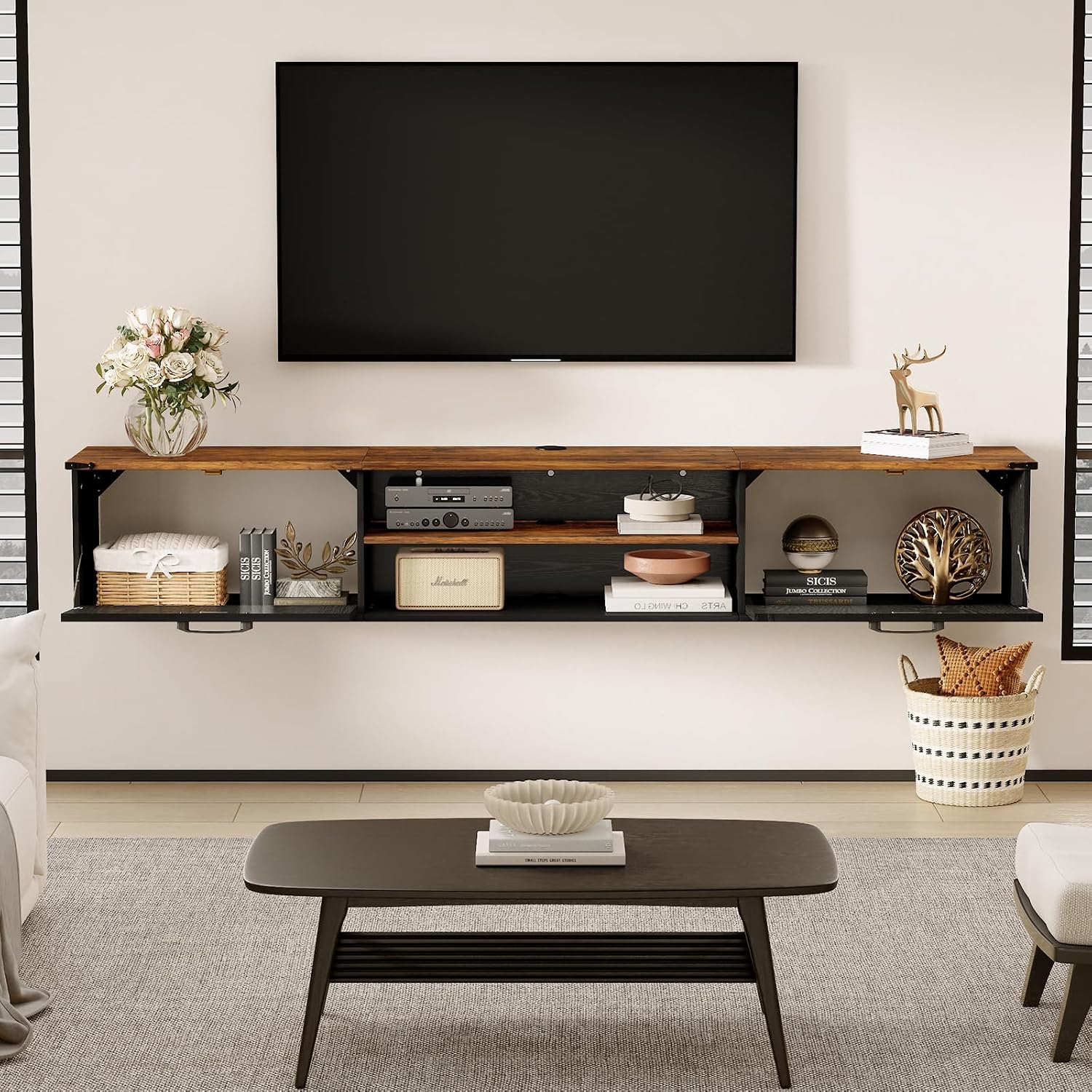 Farmhouse Floating TV Stand With Storage Doors